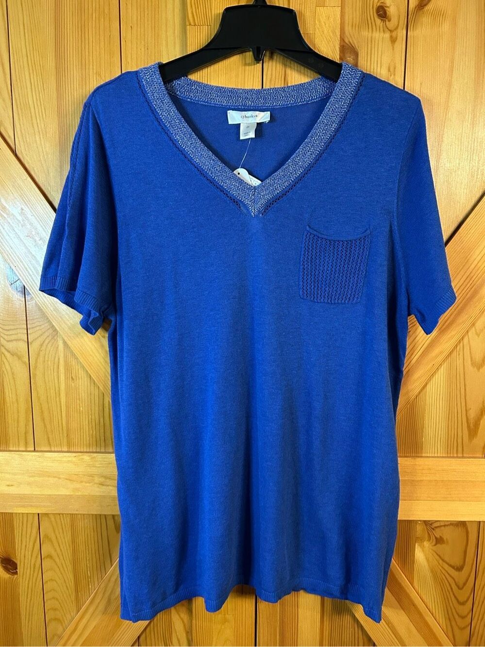 CJ Banks short sleeve sweater, V-neck size 2X front pocket nwt (0836)
